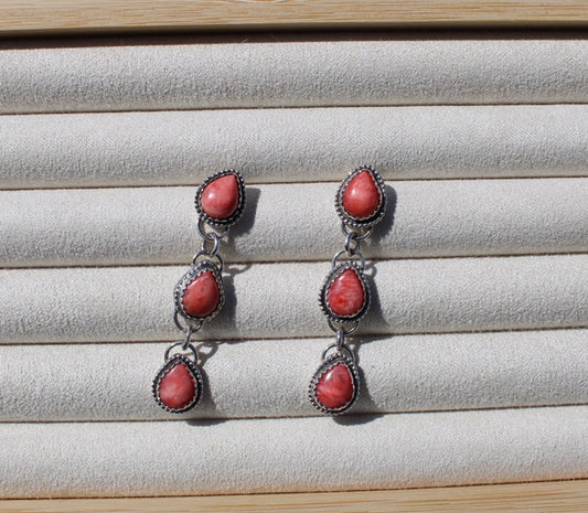 Red Spiny 3 Stone Drop Earrings