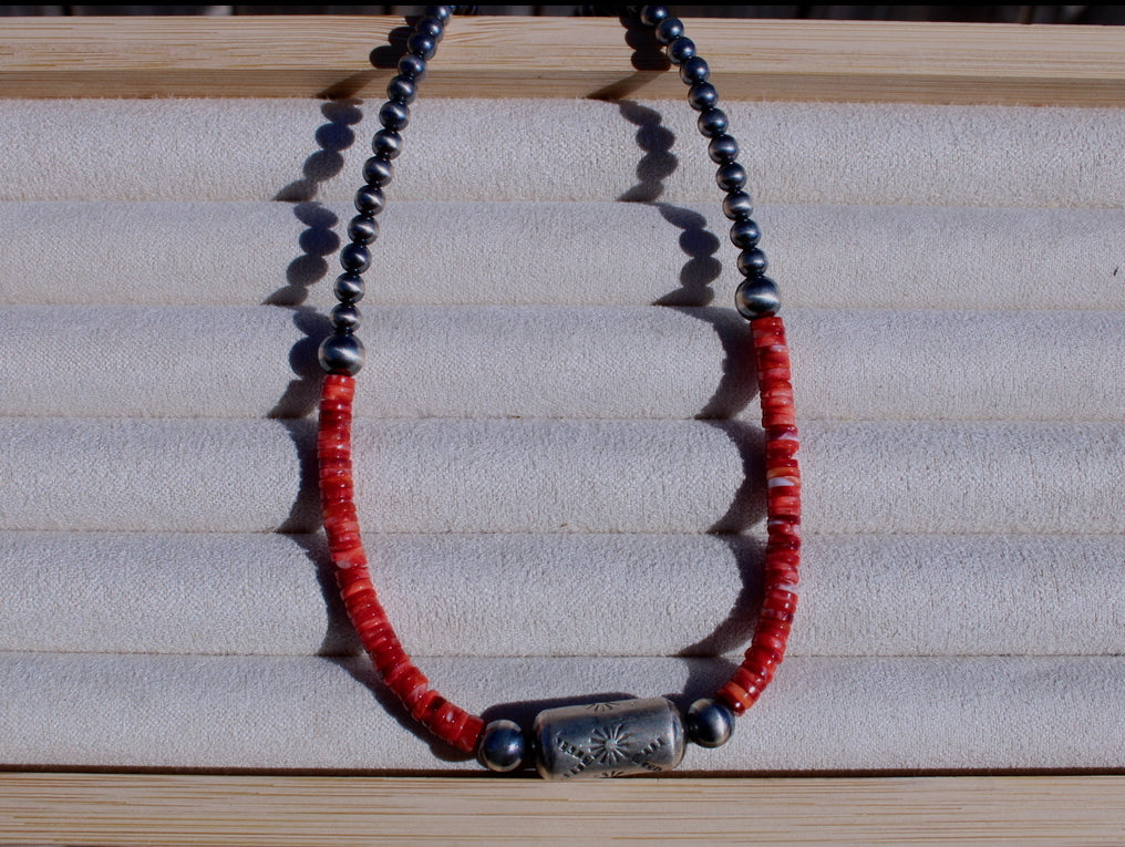 14" Red Spiny Oyster and Barrel Bead Necklace